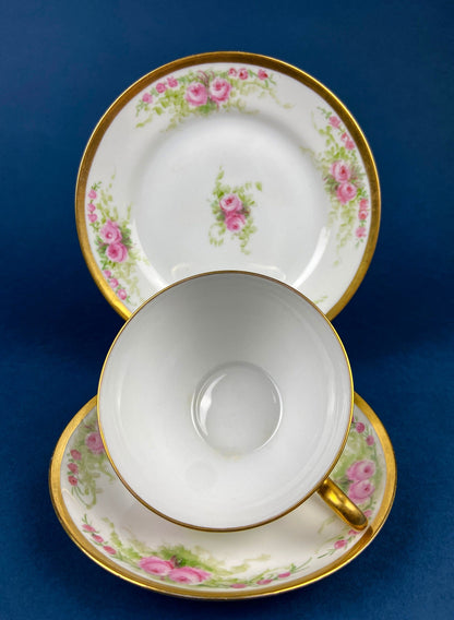 Antique Bavarian Porcelain Teacup, Saucer, and Small Dessert Plate with Delicate Roses. Hand-Painted Trio. Garlands of Roses. J & C Ovid.