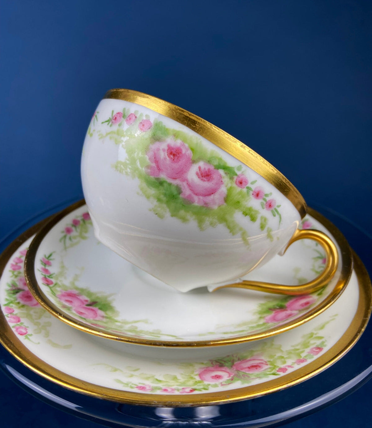 Antique Bavarian Porcelain Teacup, Saucer, and Small Dessert Plate with Delicate Roses. Hand-Painted Trio. Garlands of Roses. J & C Ovid.
