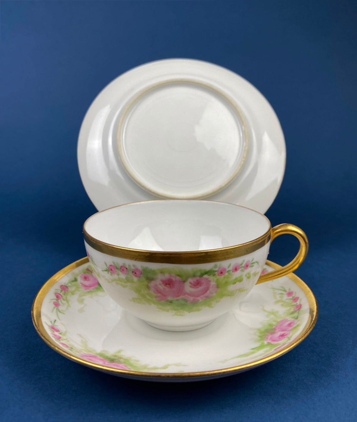 Antique Bavarian Porcelain Teacup, Saucer, and Small Dessert Plate with Delicate Roses. Hand-Painted Trio. Garlands of Roses. J & C Ovid.