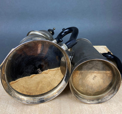 Vintage Metal Coffee Pot, Tea Pot with Creamer & Sugar Bowl with Black Handles. Marked WE B.P.M.S.