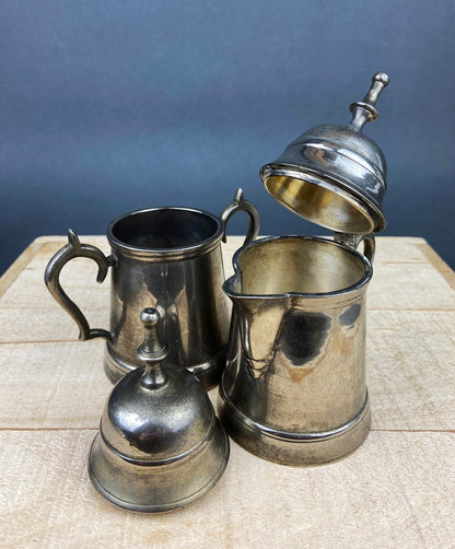 Vintage Metal Coffee Pot, Tea Pot with Creamer & Sugar Bowl with Black Handles. Marked WE B.P.M.S.