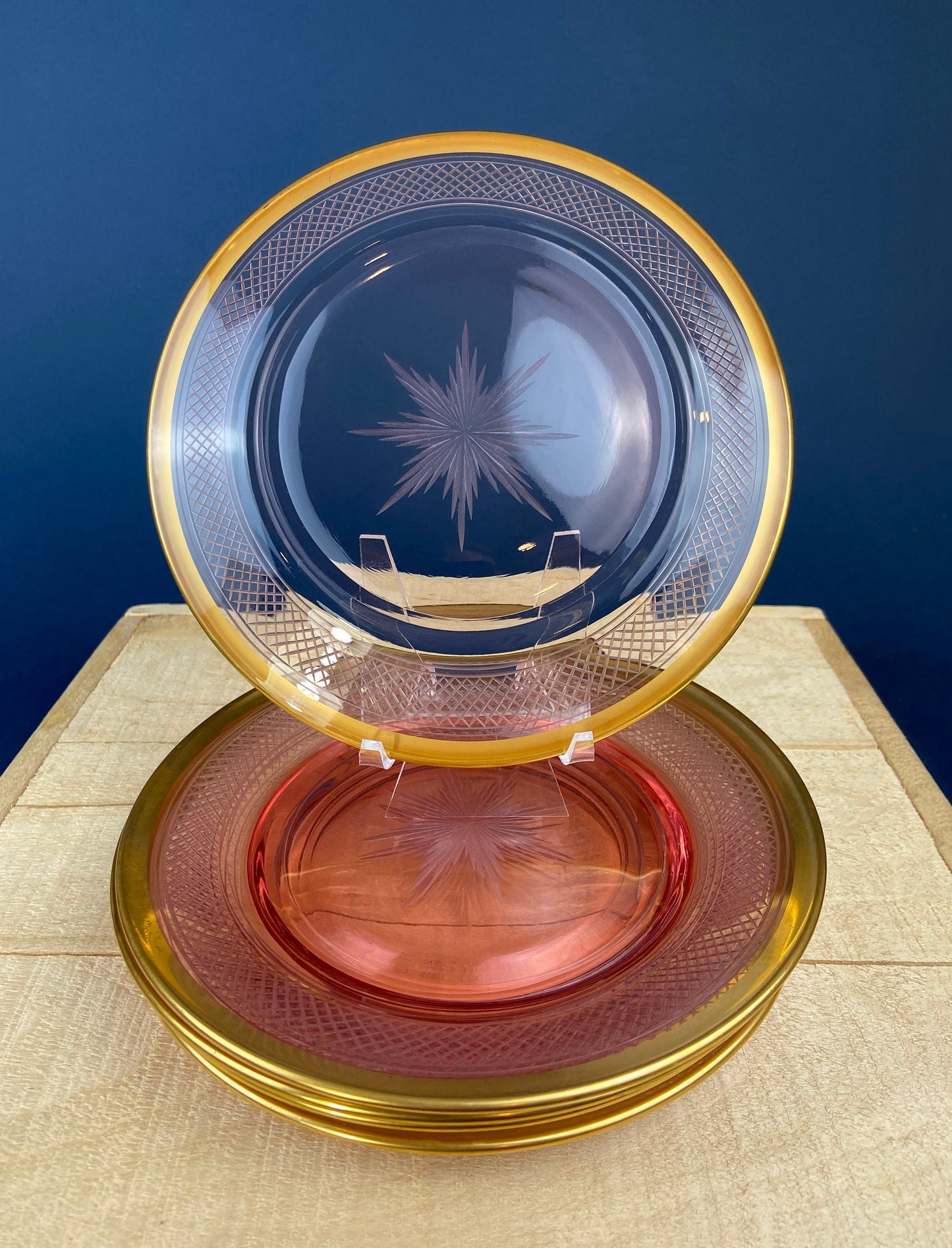 Antique Etched Pink Glass Dessert/Salad Plates With Gold Rims. Set of Five. Etched Star & Waffle Brim. Holiday Dining. Fine Dining.