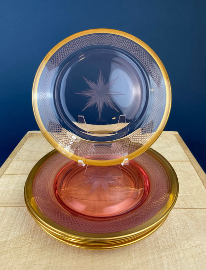 Antique Etched Pink Glass Dessert/Salad Plates With Gold Rims. Set of Five. Etched Star & Waffle Brim. Holiday Dining. Fine Dining.