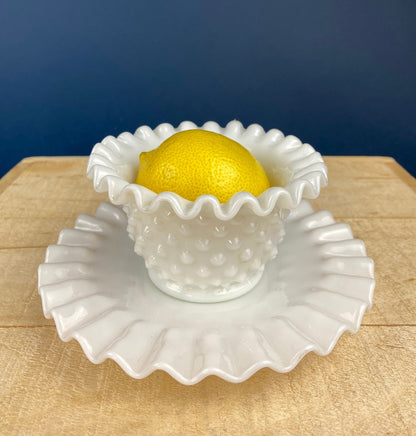 Milk Glass Serving Dish with Plate. Hobnail Serving Bowl for Dip, Dressing, or Sauce. White Scalloped Rim. Fine Dining. Collectible.