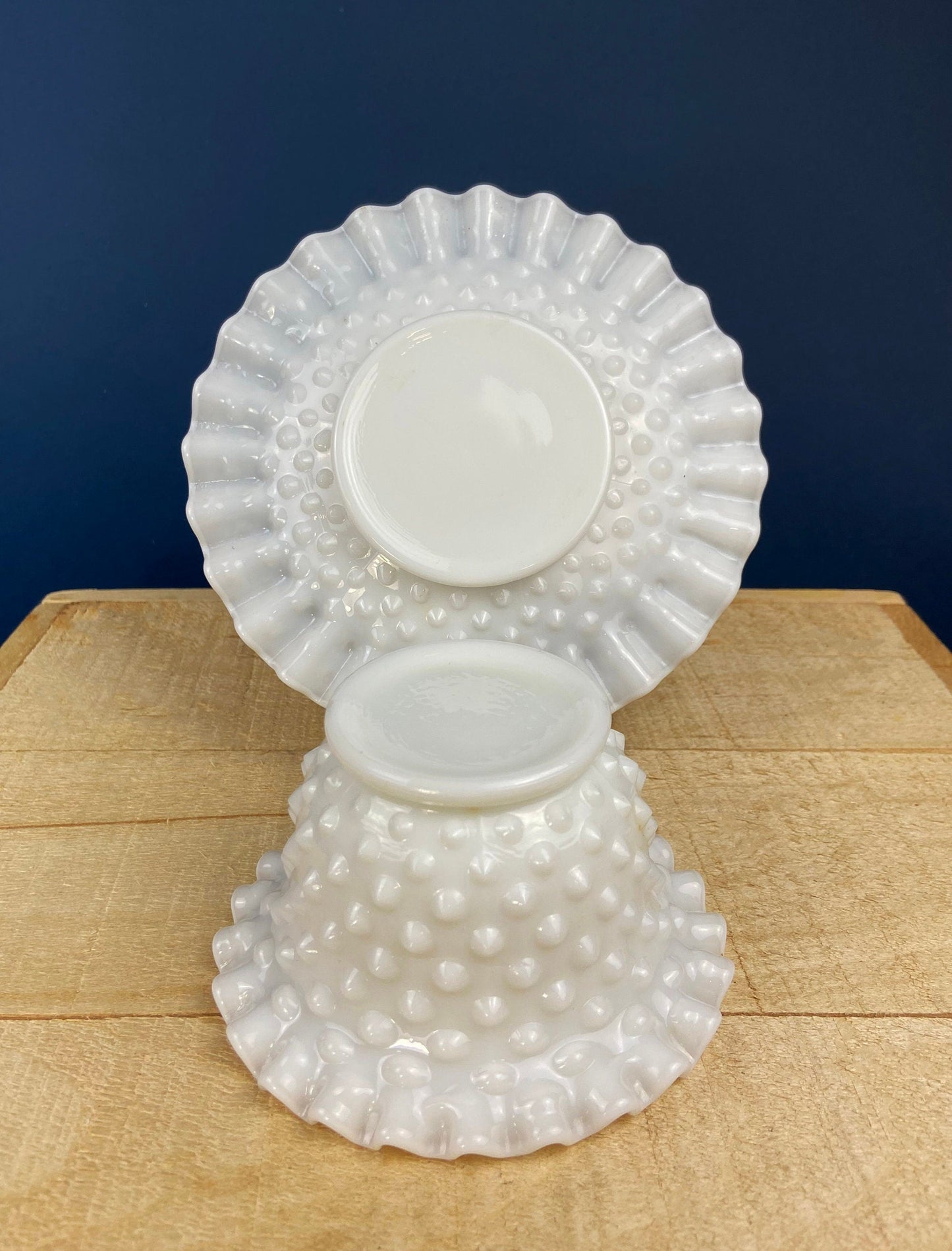 Milk Glass Serving Dish with Plate. Hobnail Serving Bowl for Dip, Dressing, or Sauce. White Scalloped Rim. Fine Dining. Collectible.