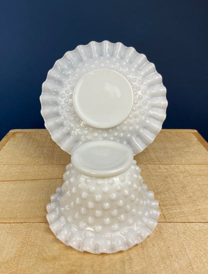 Milk Glass Serving Dish with Plate. Hobnail Serving Bowl for Dip, Dressing, or Sauce. White Scalloped Rim. Fine Dining. Collectible.