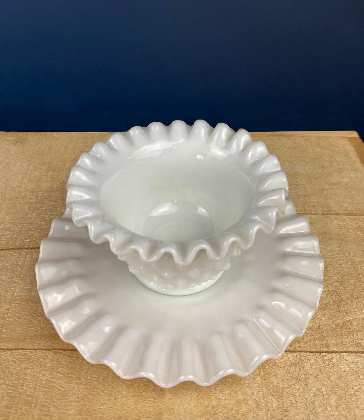 Milk Glass Serving Dish with Plate. Hobnail Serving Bowl for Dip, Dressing, or Sauce. White Scalloped Rim. Fine Dining. Collectible.