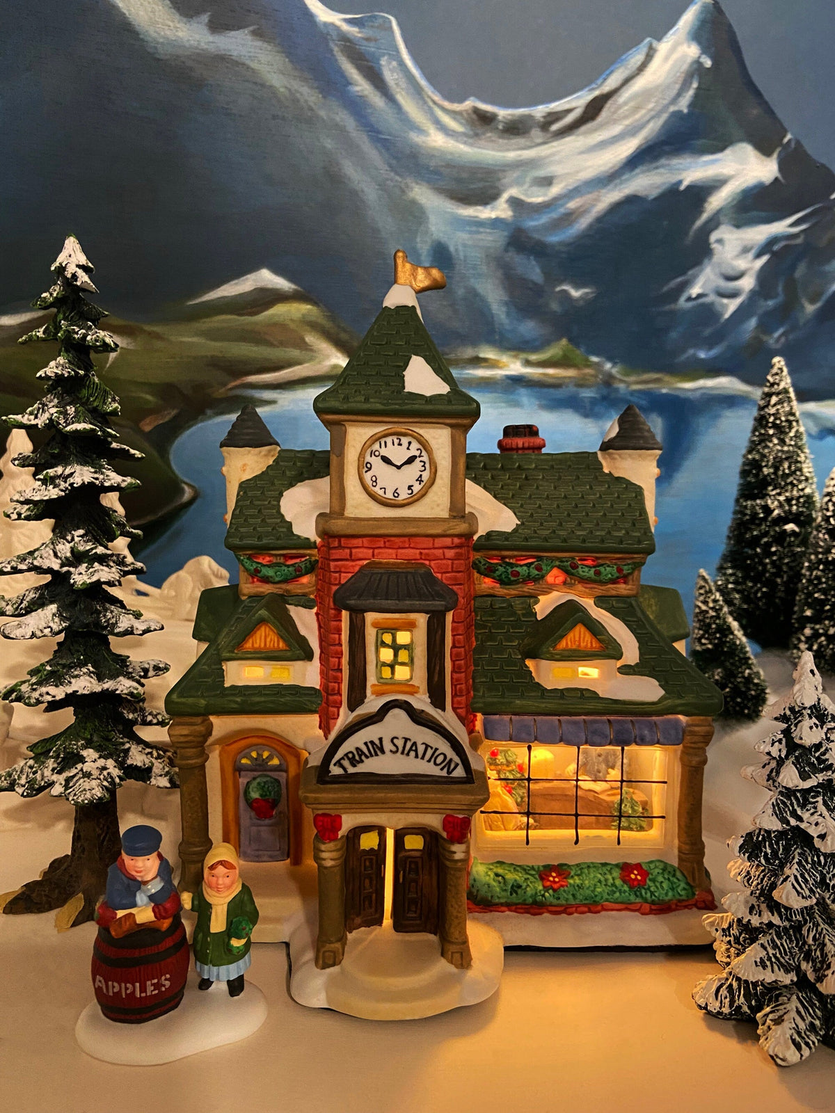 Porcelain Train Station with Clock Tower. Illuminated Christmas Village House. Not Marked by Manufacturer. Holiday Decor.