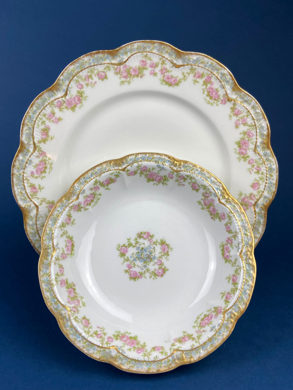 Antique Bavarian Porcelain Teacup, Saucer, and Small Dessert Plate with Delicate Roses. Hand-Painted Trio. Garlands of Roses. J & C Ovid.