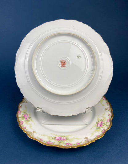 Dinner or Salad Plates, Antique Limoges Elite Porcelain Set of Two Hand-Painted Rose Garlands and Scalloped Gold Rim. MF. & Co.