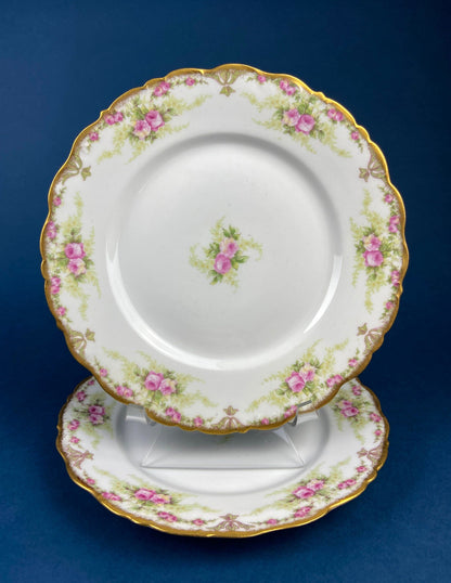 Dinner or Salad Plates, Antique Limoges Elite Porcelain Set of Two Hand-Painted Rose Garlands and Scalloped Gold Rim. MF. & Co.