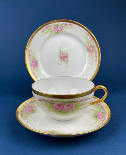 Antique Bavarian Porcelain Teacup, Saucer, and Small Dessert Plate with Delicate Roses. Hand-Painted Trio. Garlands of Roses. J & C Ovid.
