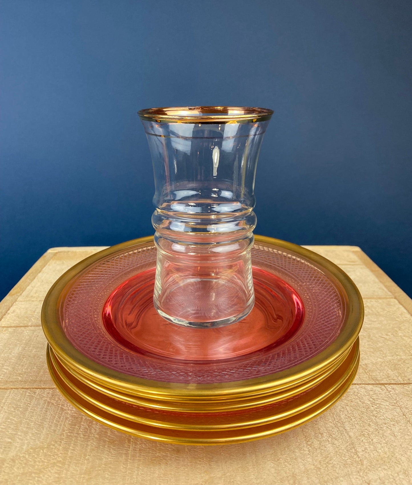 Antique Etched Pink Glass Dessert/Salad Plates With Gold Rims. Set of Five. Etched Star & Waffle Brim. Holiday Dining. Fine Dining.