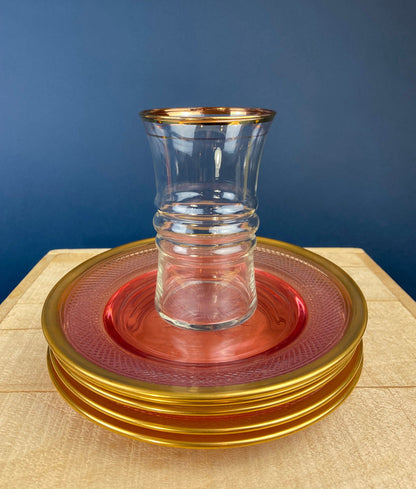 Antique Etched Pink Glass Dessert/Salad Plates With Gold Rims. Set of Five. Etched Star & Waffle Brim. Holiday Dining. Fine Dining.