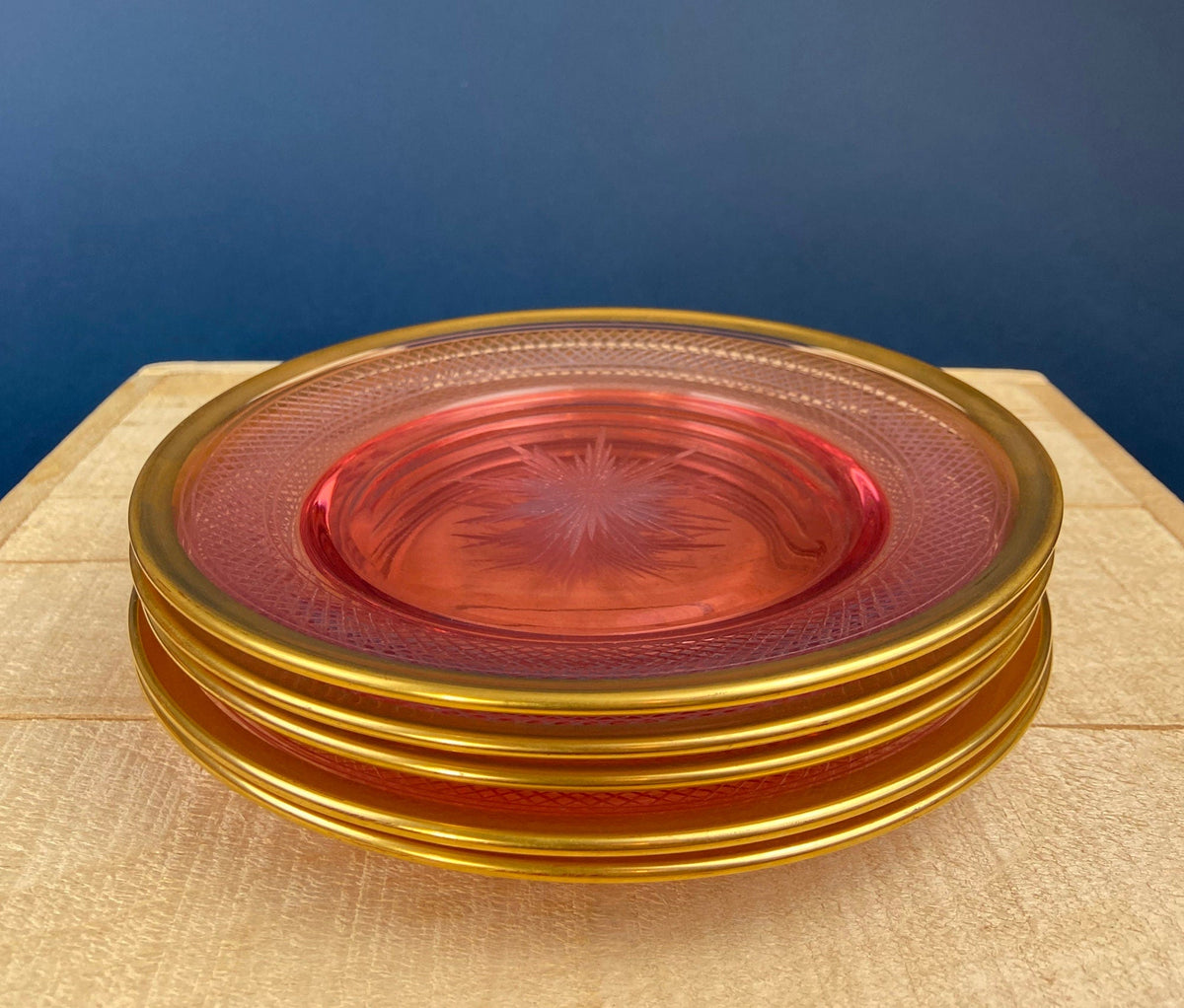 Antique Etched Pink Glass Dessert/Salad Plates With Gold Rims. Set of Five. Etched Star & Waffle Brim. Holiday Dining. Fine Dining.