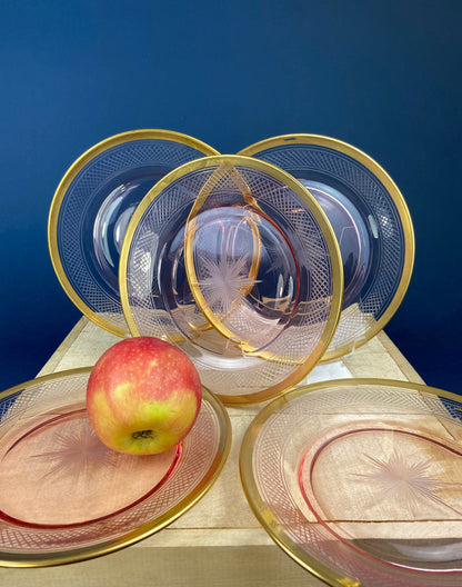 Antique Etched Pink Glass Dessert/Salad Plates With Gold Rims. Set of Five. Etched Star & Waffle Brim. Holiday Dining. Fine Dining.