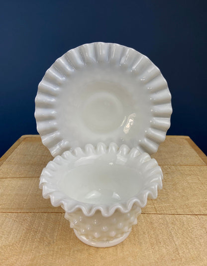 Milk Glass Serving Dish with Plate. Hobnail Serving Bowl for Dip, Dressing, or Sauce. White Scalloped Rim. Fine Dining. Collectible.