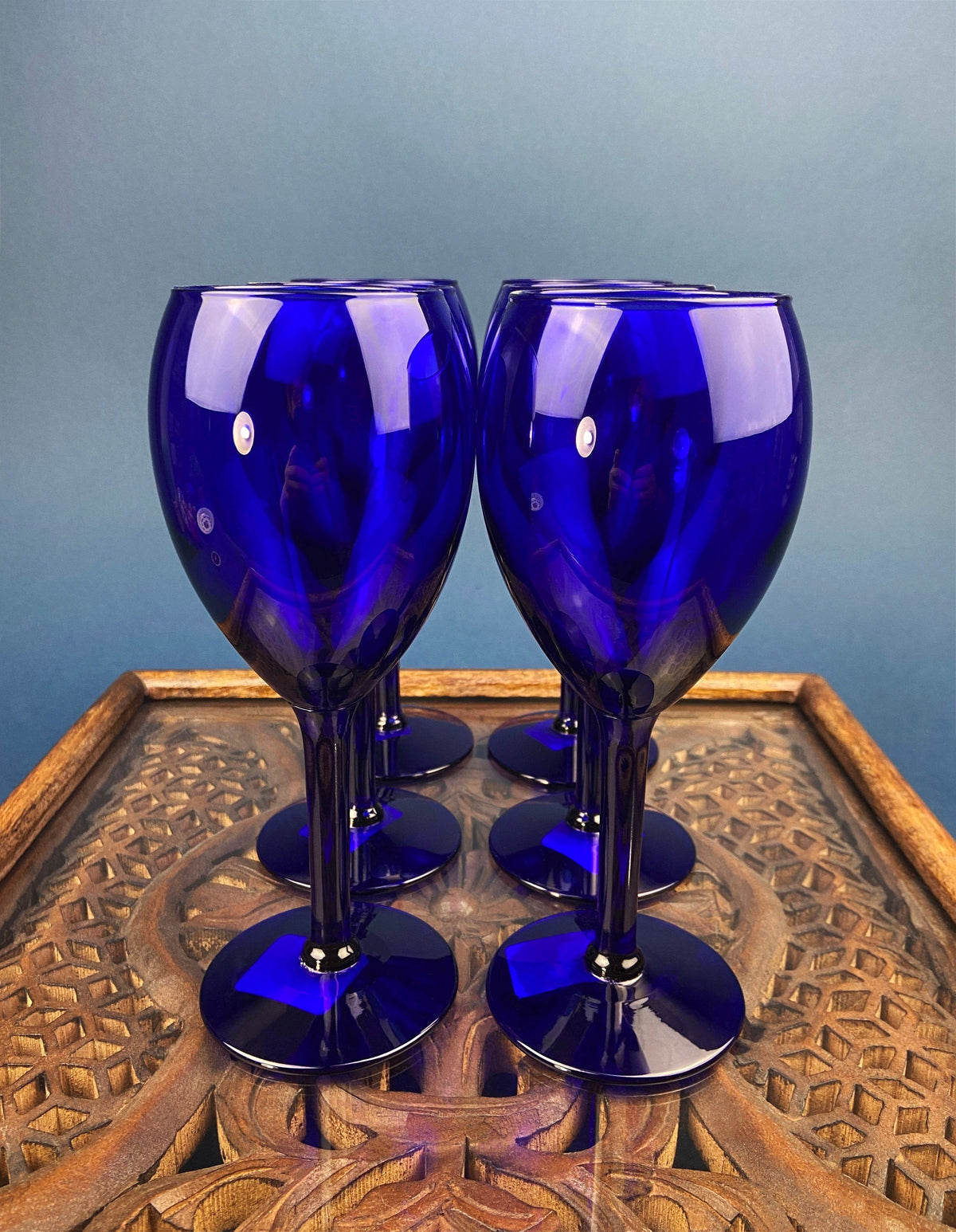 Cobalt Blue Wine Glasses.  Set of Six Stemware. Dark Blue Modern Glasses. Holiday Celebration.