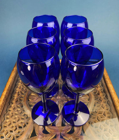 Cobalt Blue Wine Glasses.  Set of Six Stemware. Dark Blue Modern Glasses. Holiday Celebration.