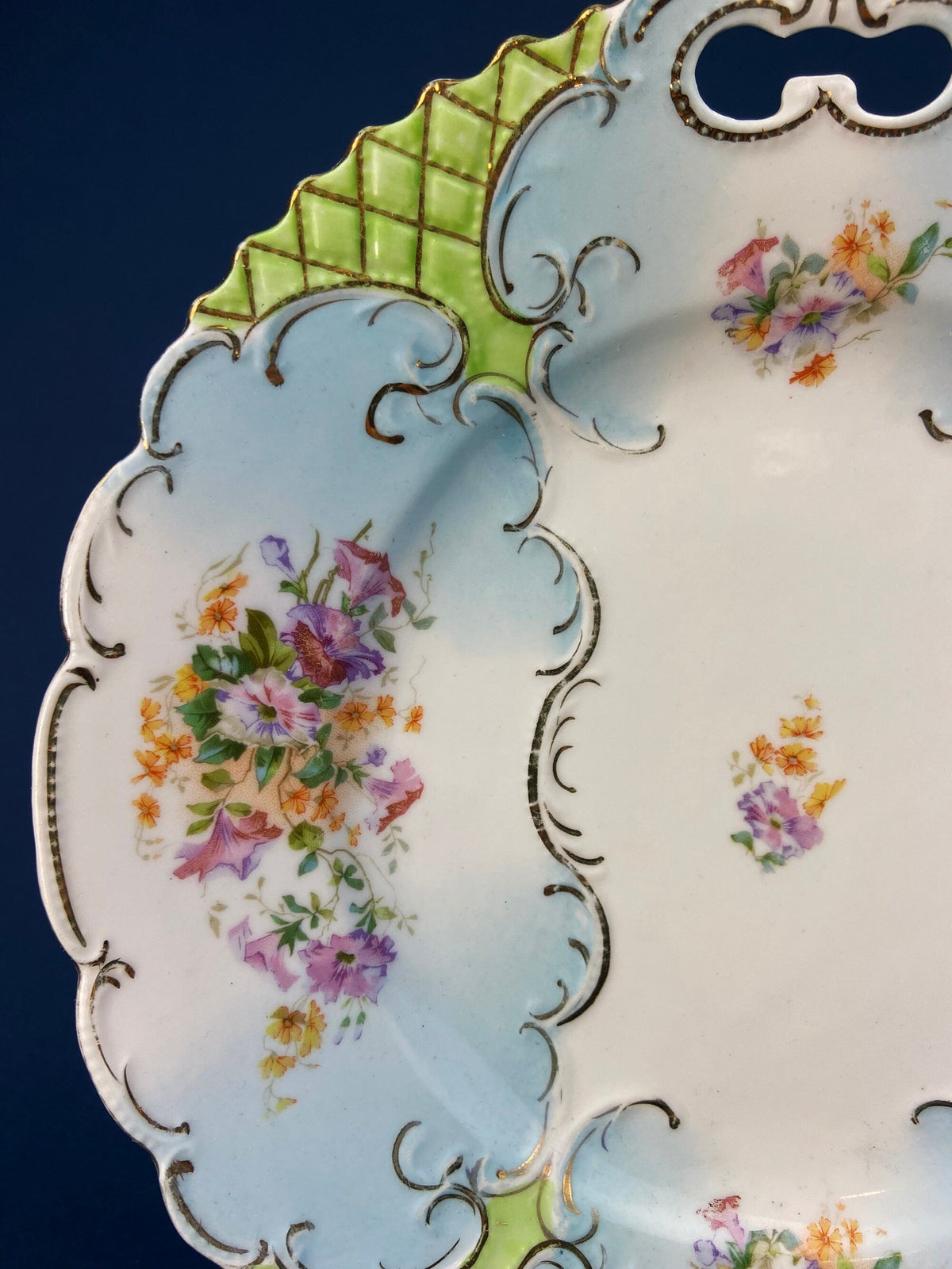 Antique Hand Painted Serving Plate with Gold Lattice. Porcelain Platter with Wild Flowers Motif.