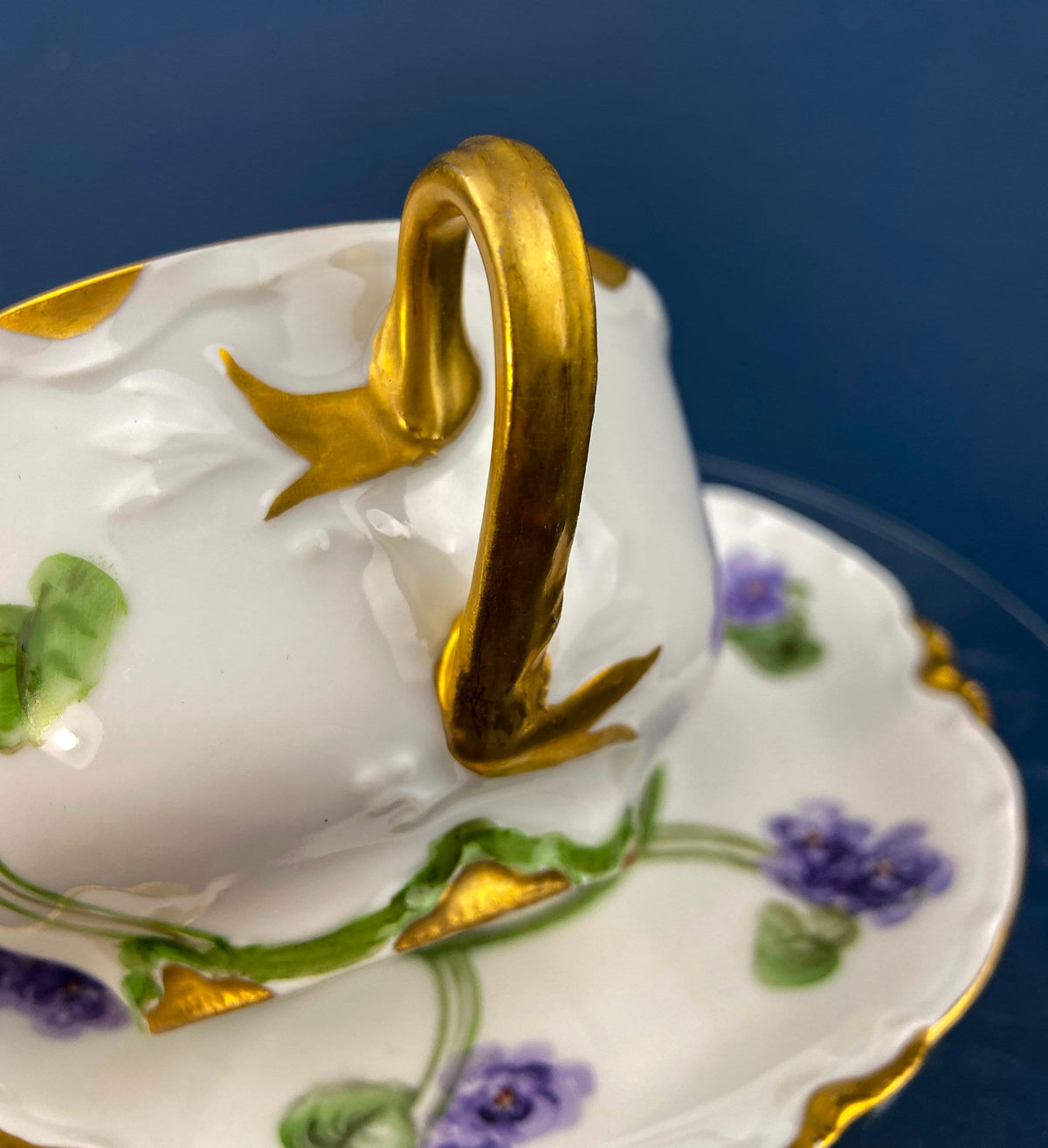 Antique Tea Cup and Saucer with Violets. Hand-Painted Porcelain by Haviland, France. Violet Clusters Motif. Highly Collectible.