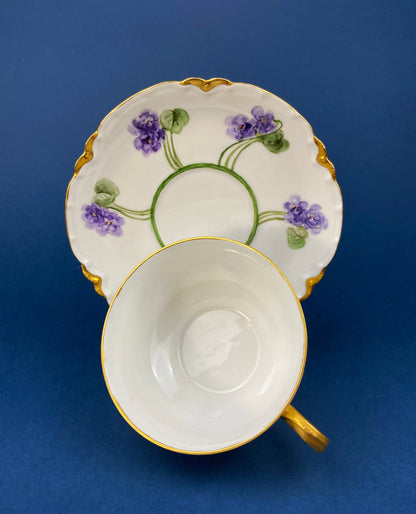 Antique Tea Cup and Saucer with Violets. Hand-Painted Porcelain by Haviland, France. Violet Clusters Motif. Highly Collectible.