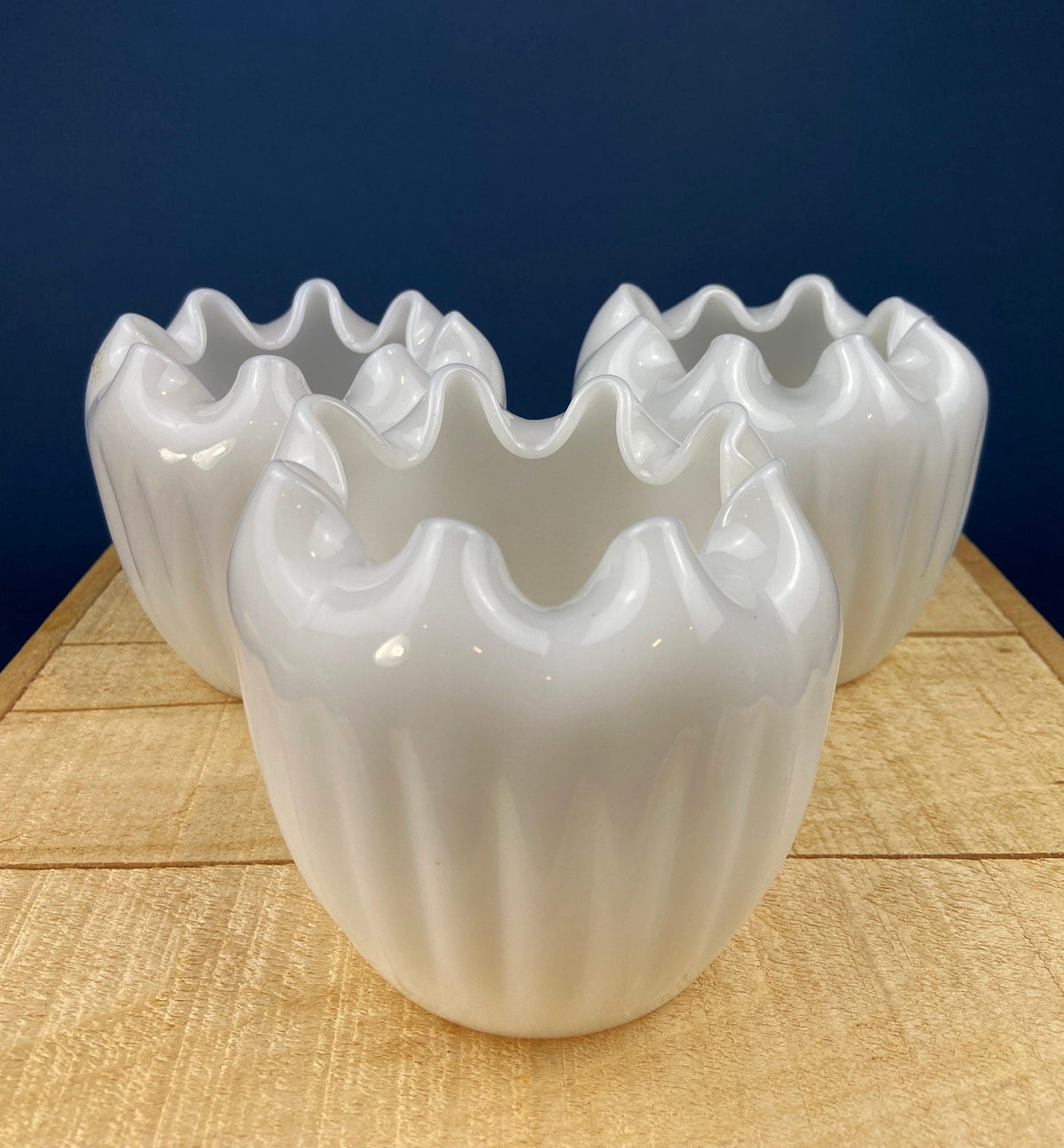 Milk Glass Planters or Vases. Vintage White Flower Pots with Ribbed Patterns and Pinched Rims. Set of Three. Window Sill Herbal Garden.