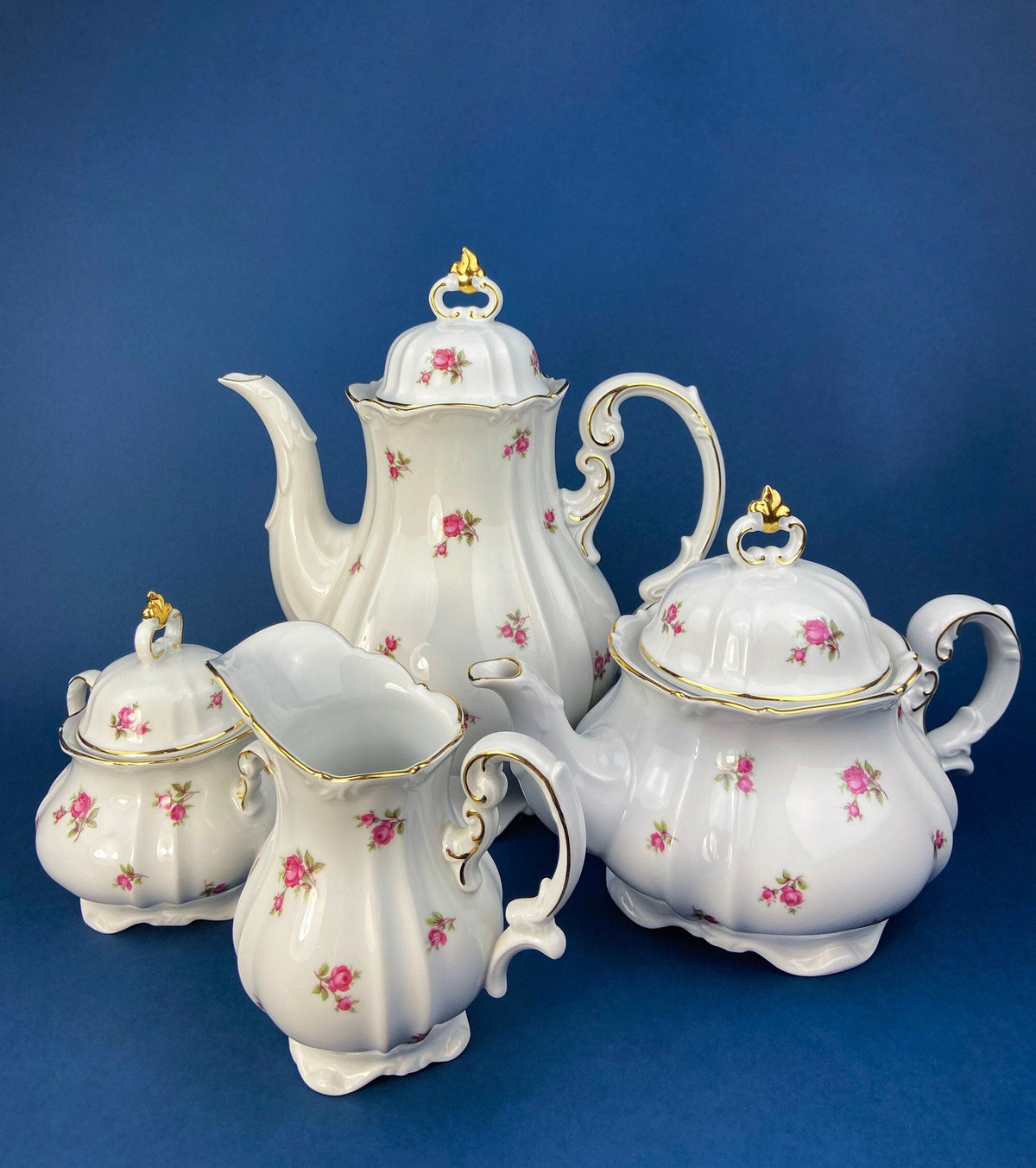 Antique Bavarian Teapot, Coffee Pot, Creamer, Sugar Bowl Set by Hertel Jacob Porcelain Co.