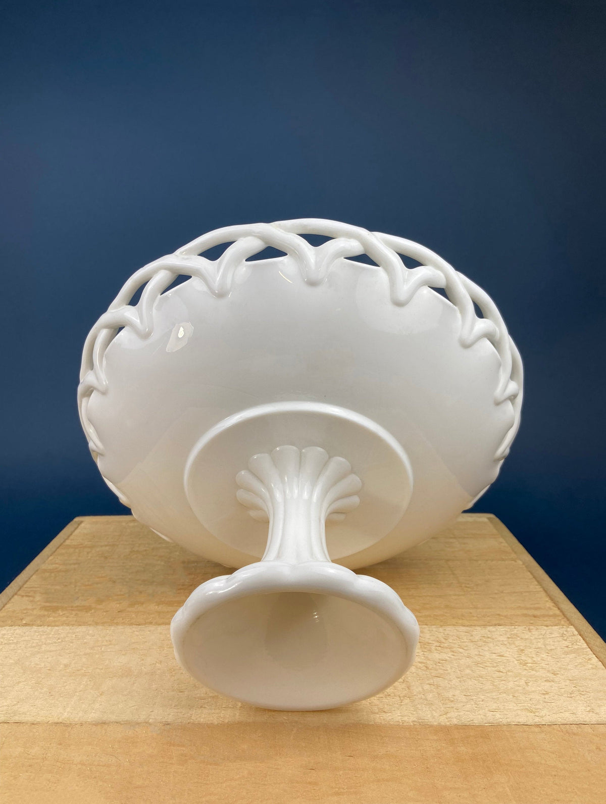 Westmoreland Milk Glass Pedestal Fruit Bowl. Doric Pattern with Lace Edge. 10" in Diameter.  Table Centerpiece.