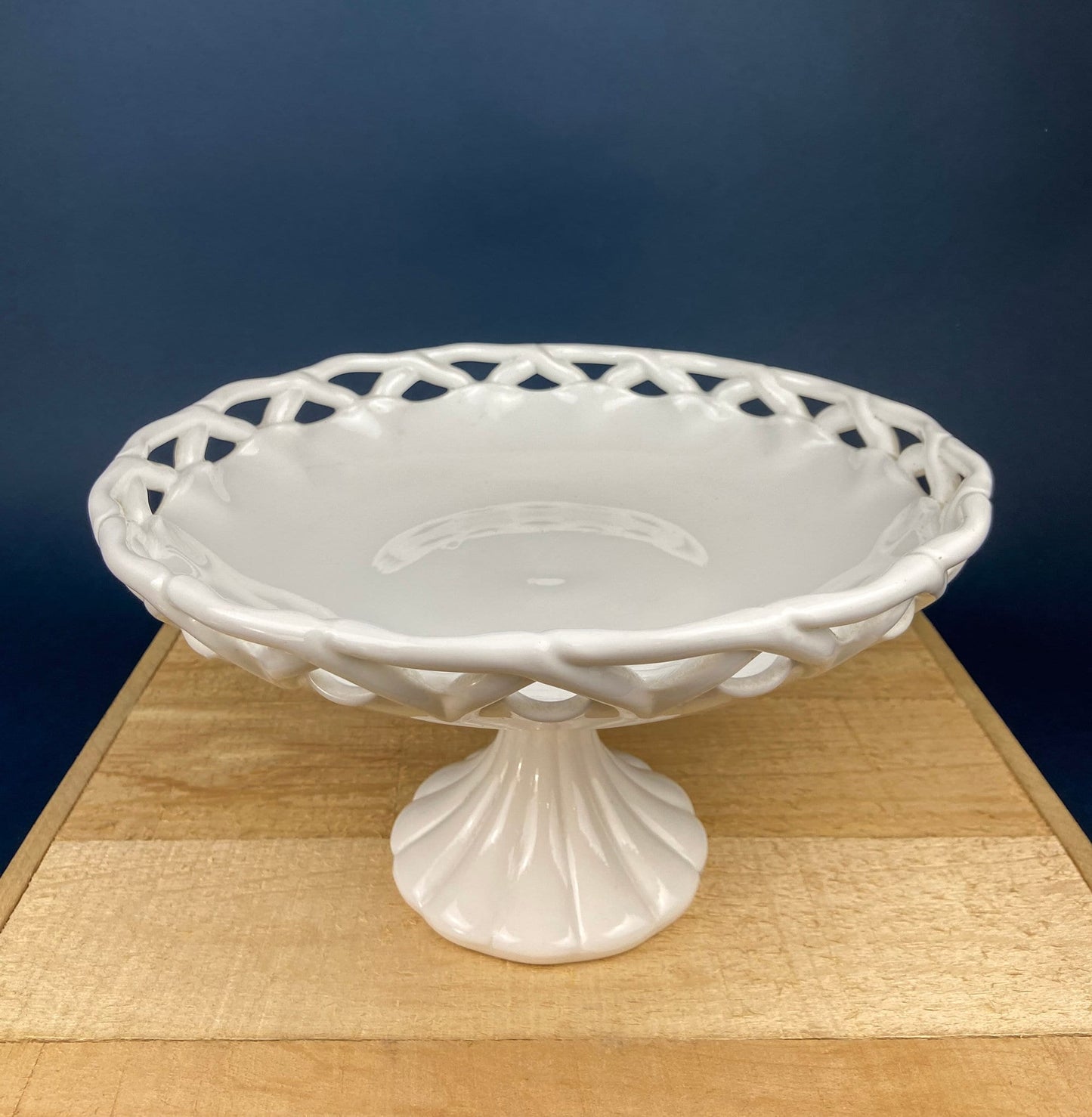 Westmoreland Milk Glass Pedestal Fruit Bowl. Doric Pattern with Lace Edge. 10" in Diameter.  Table Centerpiece.