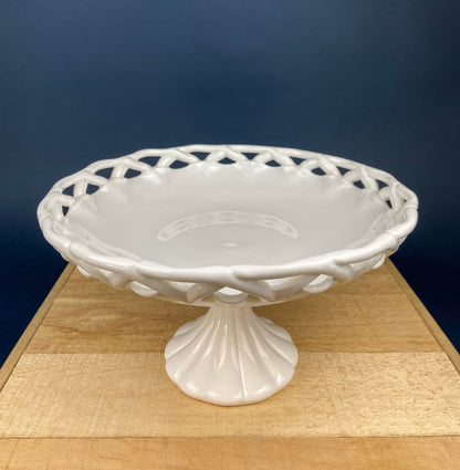 Westmoreland Milk Glass Pedestal Fruit Bowl. Doric Pattern with Lace Edge. 10" in Diameter.  Table Centerpiece.
