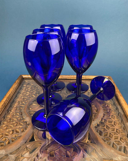 Cobalt Blue Wine Glasses.  Set of Six Stemware. Dark Blue Modern Glasses. Holiday Celebration.