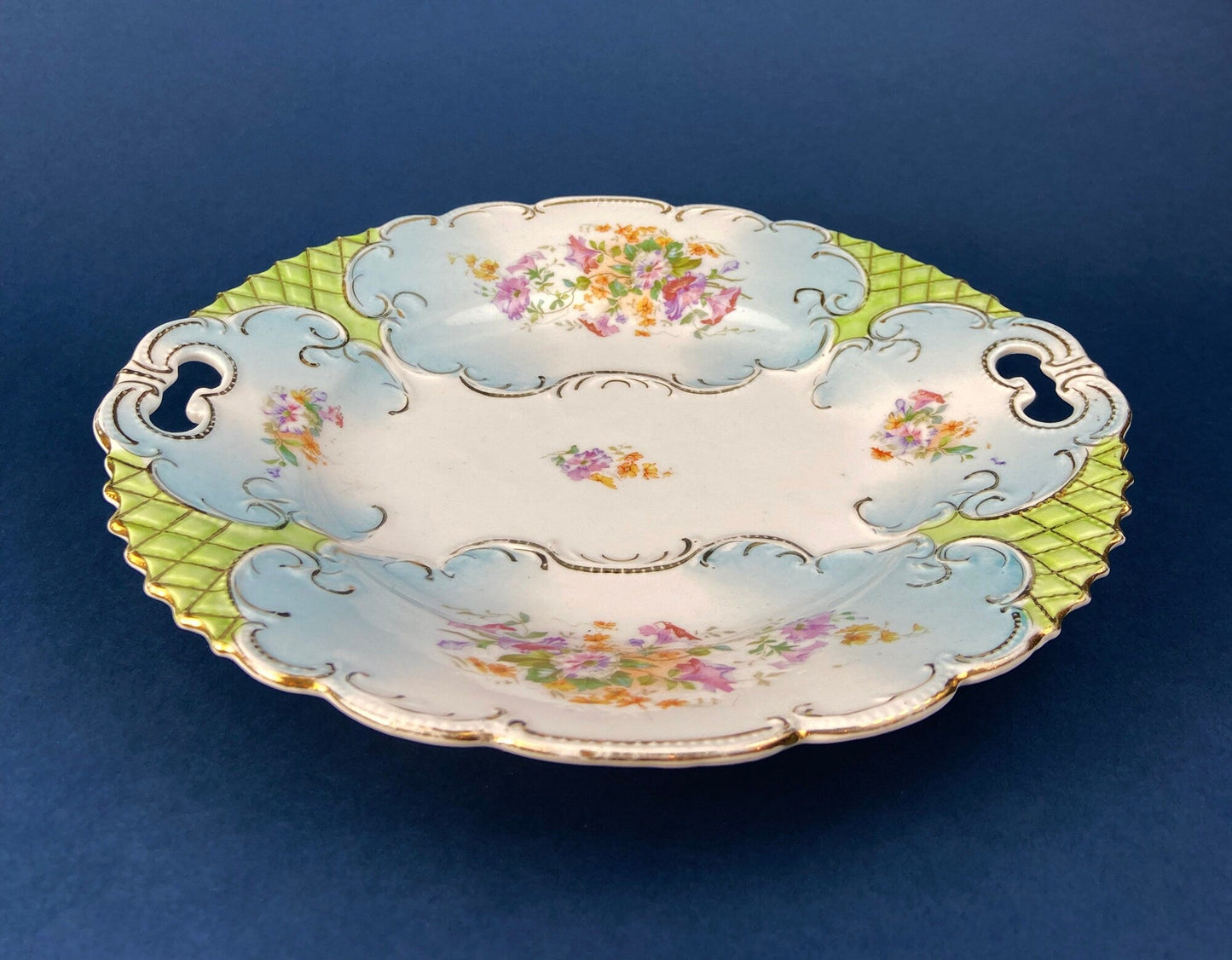 Antique Hand Painted Serving Plate with Gold Lattice. Porcelain Platter with Wild Flowers Motif.
