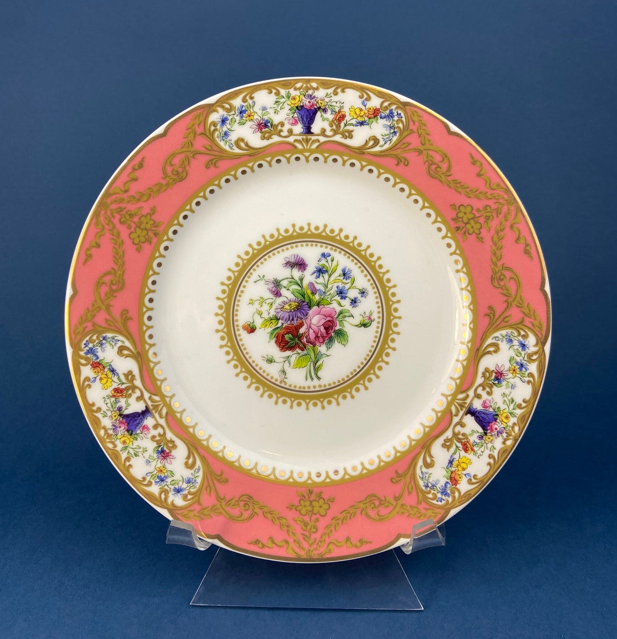 Antique Hand Painted Serving Plate with Gold Lattice. Porcelain Platter with Wild Flowers Motif.