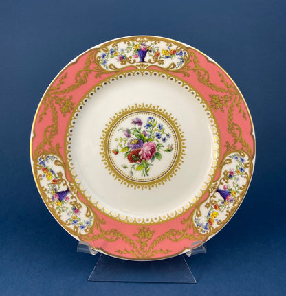 Antique Hand Painted Serving Plate with Gold Lattice. Porcelain Platter with Wild Flowers Motif.