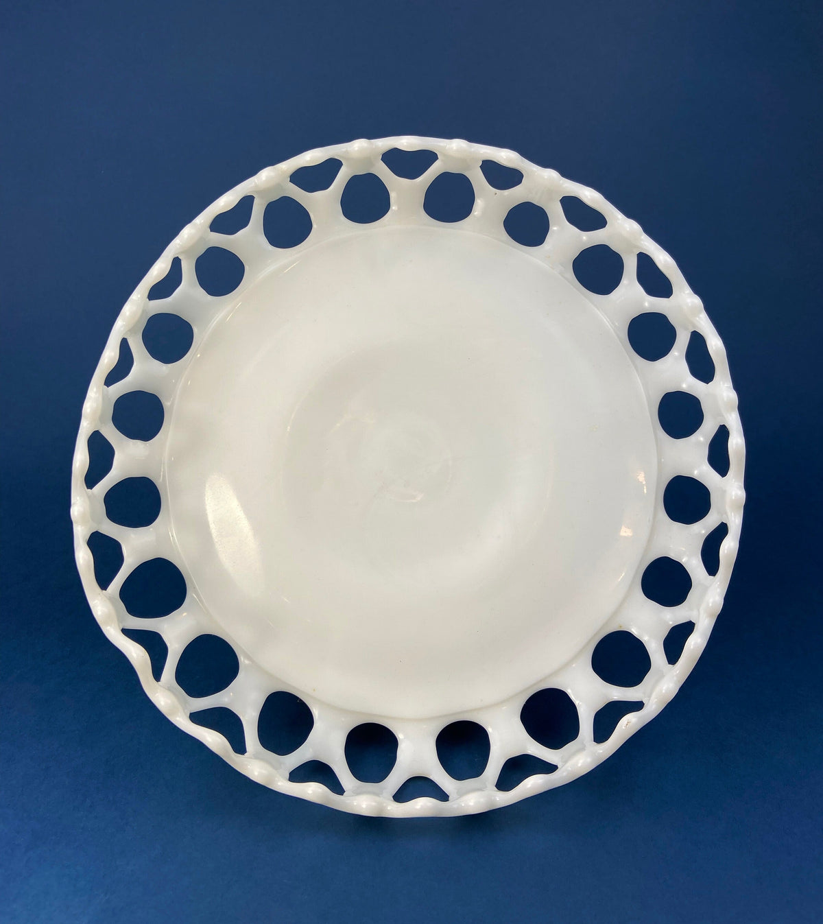 Westmoreland Milk Glass Pedestal Fruit Bowl. Doric Pattern with Lace Edge. 10" in Diameter.  Table Centerpiece.