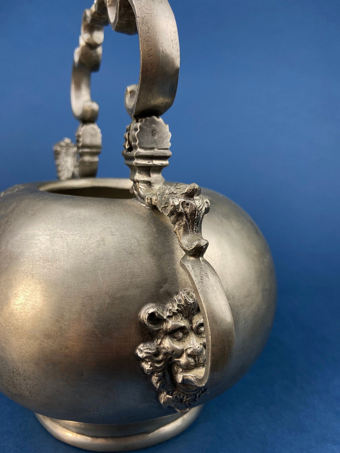 Pewter Teapot by Etain Zinn.  Etched with Heart and Cupids Antique Teapot. Spout Shaped like Eagle. Back Handle with Lion.