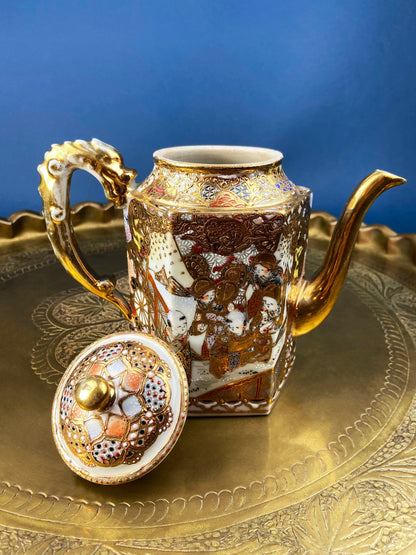 Antique Japanese Moriage Tea Cup Set. Gold Hand Painted Teaware with Teapot, Sugar Bowl, Creamer, and Six Japanese Tea Cups.
