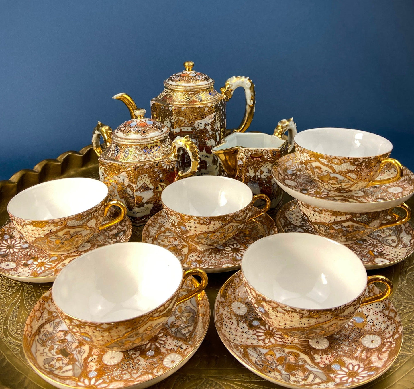 Antique Japanese Moriage Tea Cup Set. Gold Hand Painted Teaware with Teapot, Sugar Bowl, Creamer, and Six Japanese Tea Cups.