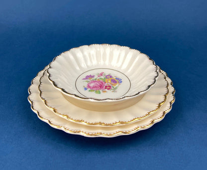 Vintage Dish Set. Leigh Wake by Leigh Potters. Set of 4 Placements: Dinner, Salad Plates, Soup, Salad Bowls, One Serving Dish & Teacups.