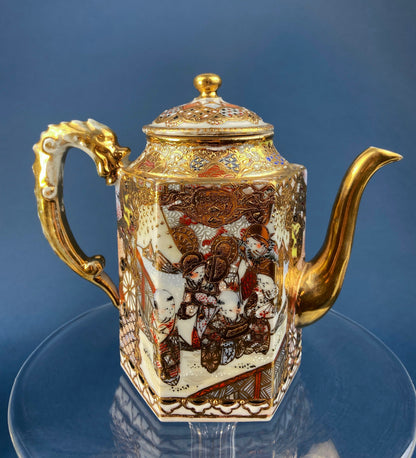 Antique Japanese Moriage Tea Cup Set. Gold Hand Painted Teaware with Teapot, Sugar Bowl, Creamer, and Six Japanese Tea Cups.