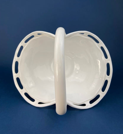 Milk Glass Basket. Large, Pinched Basket with Waffle Pattern, Embossed Circles, and Lacey Edge. Fruit Basket. Table Centerpiece.