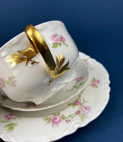 Antique Limoges Tea Cup and Saucer. Hand-Painted Porcelain by Haviland, France. Violet Clusters Motif. Highly Collectible.