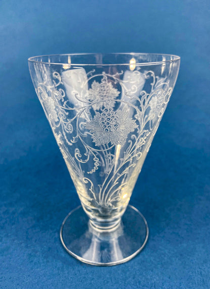Fostoria Ice Tea Footed Tumblers. Etched Woodland Pattern. Vintage Fostoria Crystal Glasses. Set of 7 Stemware. Collectible Glass.