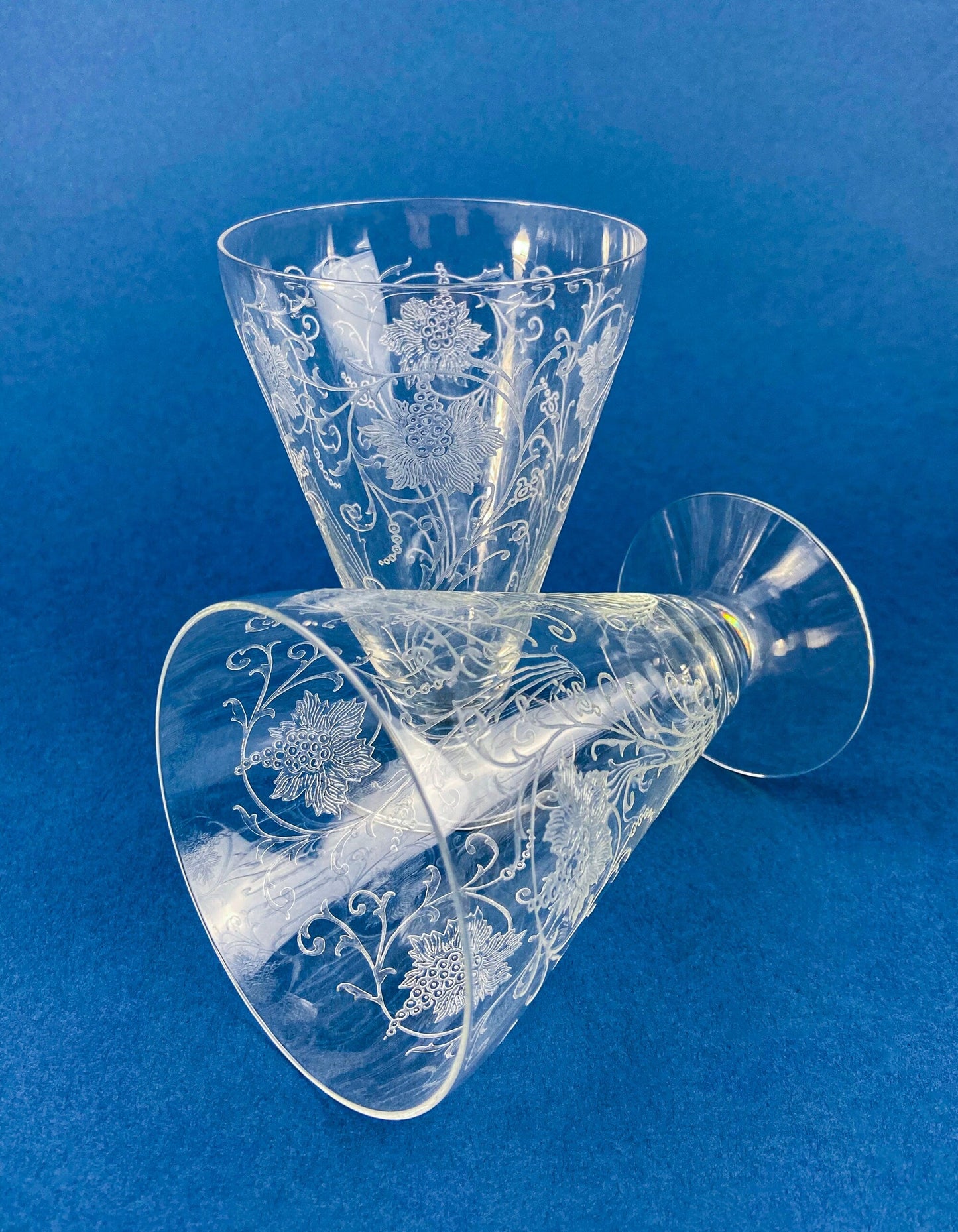 Fostoria Ice Tea Footed Tumblers. Etched Woodland Pattern. Vintage Fostoria Crystal Glasses. Set of 7 Stemware. Collectible Glass.