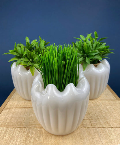 Milk Glass Planter or Vase. Vintage White Flower Pot with Ribbed Pattern and Pinched Rim. Window Sill Herbal Garden.
