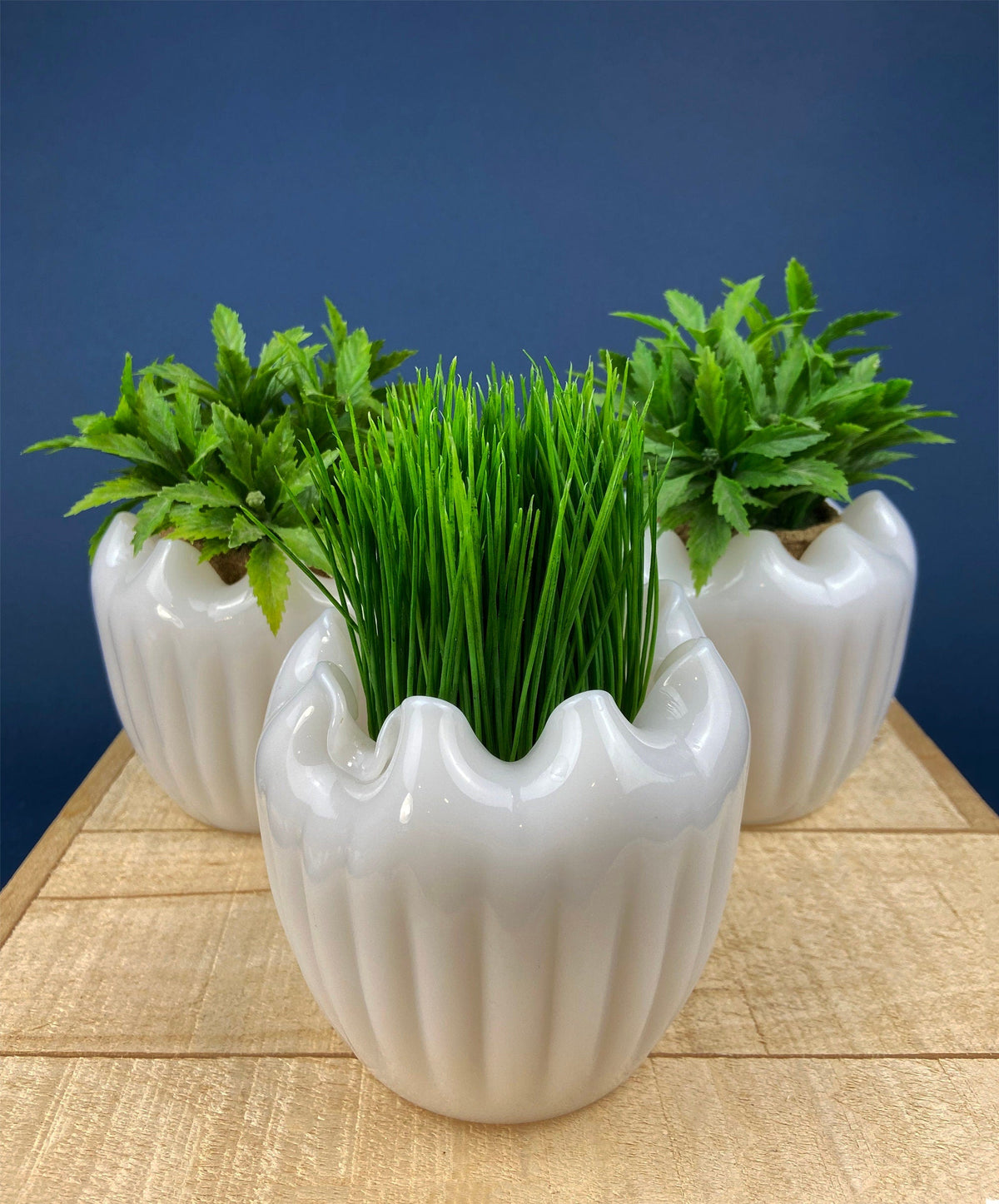 Milk Glass Planters or Vases. Vintage White Flower Pots with Ribbed Patterns and Pinched Rims. Set of Three. Window Sill Herbal Garden.