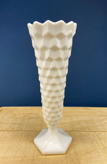 Vintage 6" White Trumpet Vase. Milk Glass, Raised Pattern. Dots, Stars, Flowers, and Scalloped Edge. Small Footed Milk Glass Flute Vase.