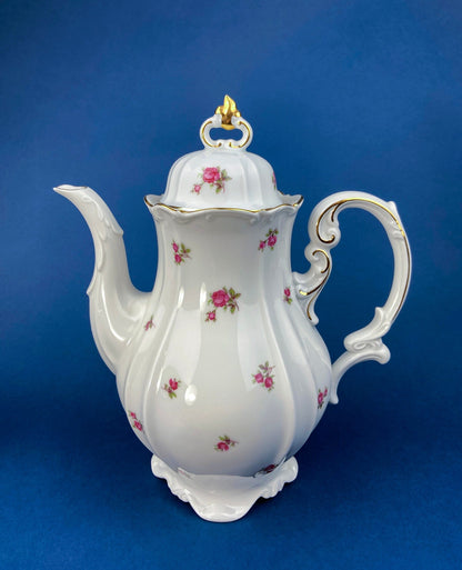 Antique Bavarian Teapot, Coffee Pot, Creamer, Sugar Bowl Set by Hertel Jacob Porcelain Co.