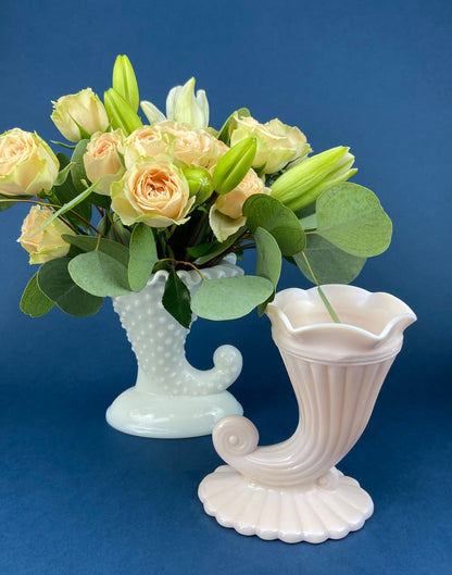 Milk Glass Horn Vases. Hobnail, Cornucopia Shaped Vase. Table Centerpiece. Collectible Trumpet Floral Vase.